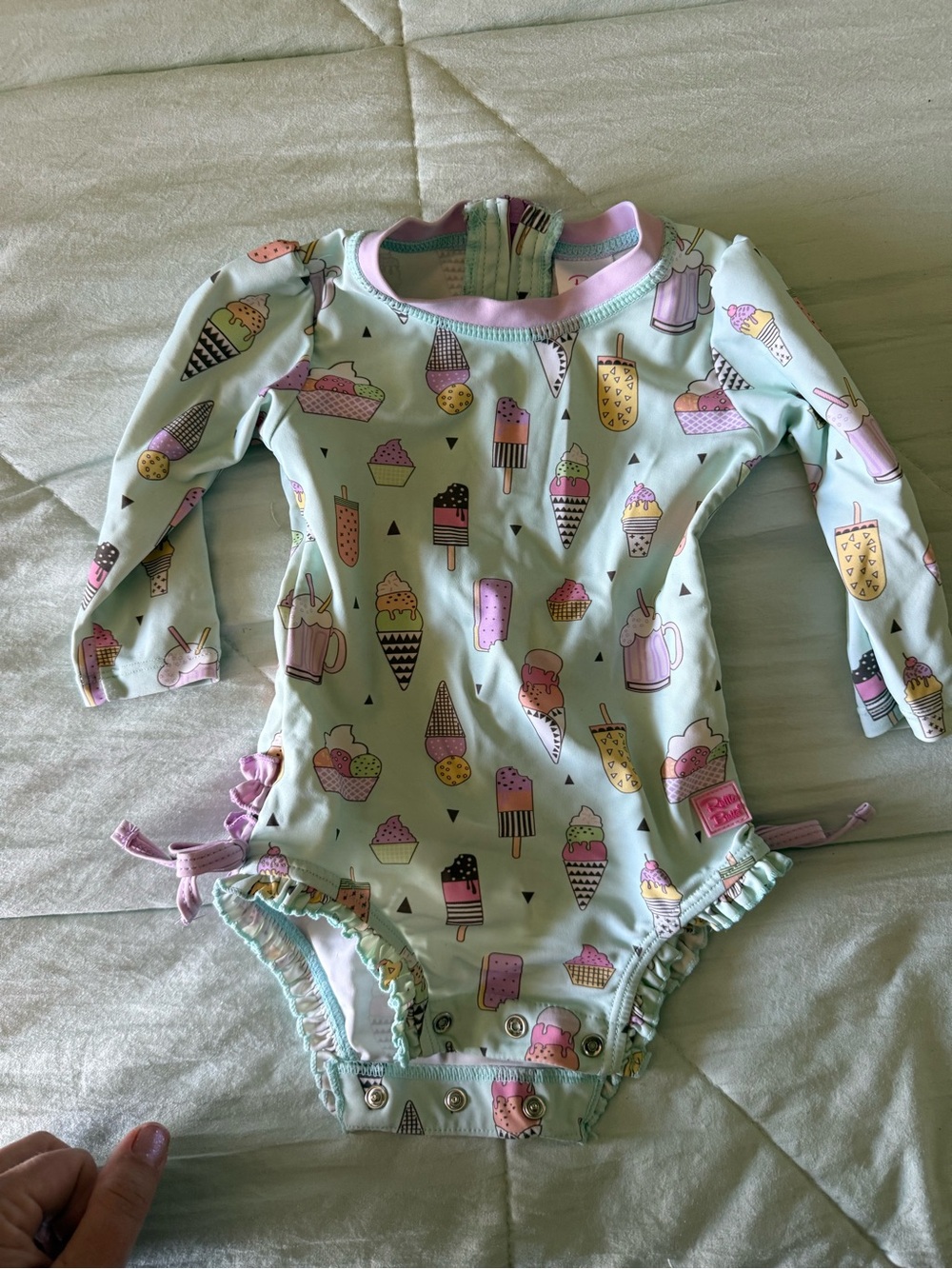 Ruffle Butts Mint One-Piece Swimsuit with Pink & Yellow Ice Cream Print